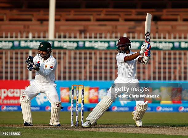 Shane Dowrich of West Indies bats on day two of the third test between Pakistan and West Indies at Sharjah Cricket Stadium on October 31, 2016 in...