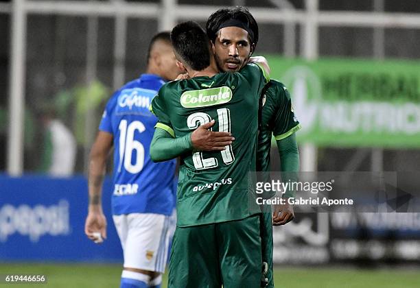 Fabian Vargas and Walmer Pacheco of La Equidad celebrate after winning a match between Millonarios and La Equidad as part of round 18 of Liga Aguila...