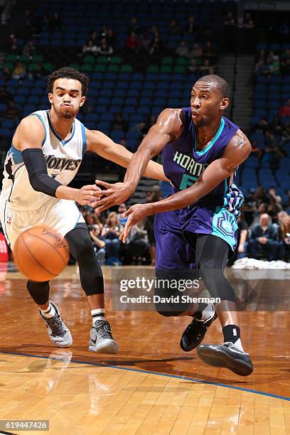 Rasheed Sulaimon of the Charlotte Hornets passes the ball against the Minnesota Timberwolves during an NBA preseason game on October 21, 2016 at the...