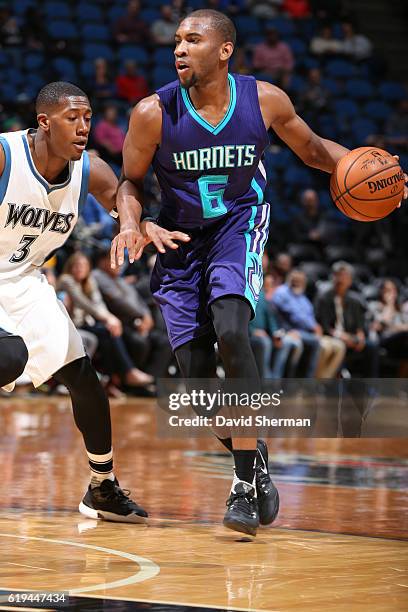 Rasheed Sulaimon of the Charlotte Hornets dribbles the ball against the Minnesota Timberwolves during an NBA preseason game on October 21, 2016 at...