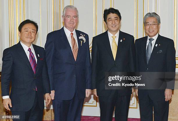 Japan - Tokyo Gov. Naoki Inose, Craig Reedie, who heads the International Olympic Committee's Evaluation Committee, Japanese Prime Minister Shinzo...