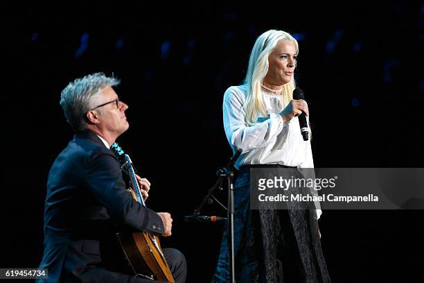 Former Eurovision Songcontest winner Malena Ernman performs on stage the 'Together in Hope' event prior the arrival of Pope Francis at Malmo Arena on...