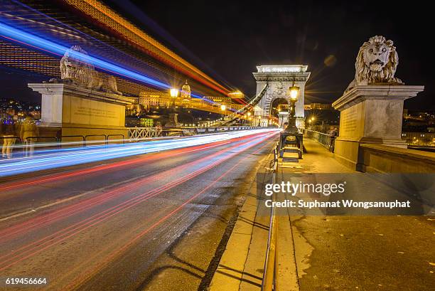 chain bridge in budapest, hungary. - budapest nightlife stock pictures, royalty-free photos & images