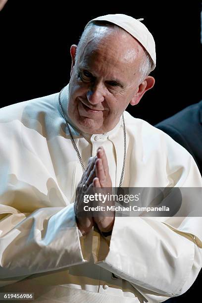Pope Francis is seen on stage during the 'Together in Hope' event at Malmo Arena on October 31, 2016 in Malmo, Sweden. The Pope is on 2 days visit...