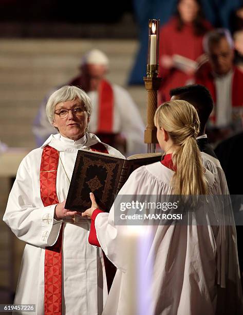 Lutheran Archbishop Antje Jackelen attends an ecumenical Mass in Lund's Luteran cathedral on October 31, 2016. Pope Francis arrived in Sweden Monday...