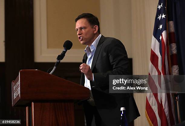 Entrepreneur Peter Thiel gives remarks at the National Press Club on October 31, 2016 in Washington, DC. Thiel discussed his support for Republican...