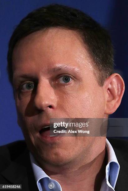 Entrepreneur Peter Thiel participates in a discussion at the National Press Club on October 31, 2016 in Washington, DC. Thiel discussed his support...