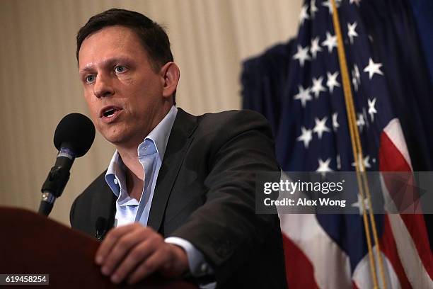 Entrepreneur Peter Thiel gives remarks at the National Press Club on October 31, 2016 in Washington, DC. Thiel discussed his support for Republican...