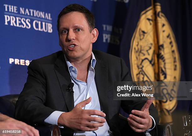 Entrepreneur Peter Thiel participates in a discussion at the National Press Club on October 31, 2016 in Washington, DC. Thiel discussed his support...