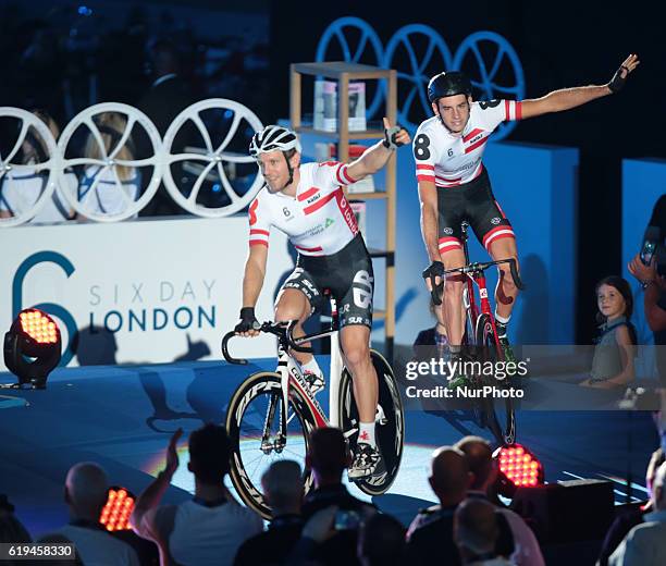 Andreas Muller and Andreas Graf during day six of the Six Day London Cycling Event at the Velodrome, Lee Valley Velopark, Queen Elizabeth Olympic...