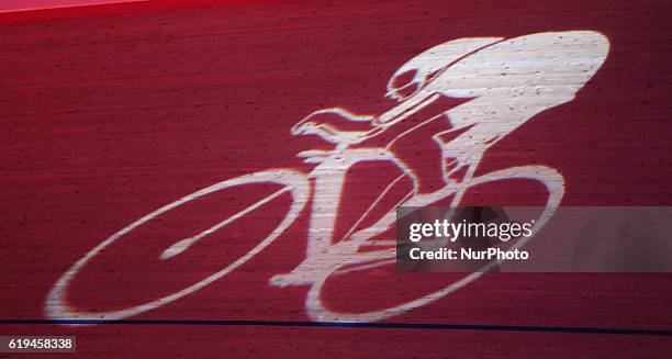 Logo of the Six Day London Cycling Event at the Velodrome, Lee Valley Velopark, Queen Elizabeth Olympic Park, London, on October 30, 2016 in London,...