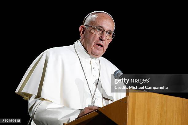 Pope Francis gives a speech during the 'Together in Hope' event at Malmo Arena on October 31, 2016 in Malmo, Sweden. The Pope is on 2 days visit...