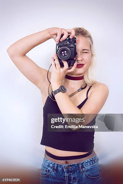 young woman with vintage camera - croatia girls stock pictures, royalty-free photos & images