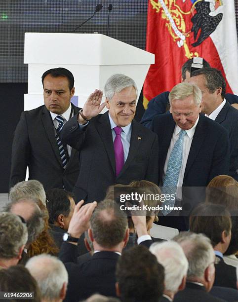 Chile - Chilean President Sebastian Pinera attends the ceremony on March 13, 2013 marking the inauguration of the state-of-the-art Alma radio...