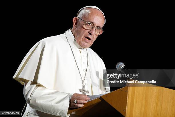Pope Francis gives a speech during the 'Together in Hope' event at Malmo Arena on October 31, 2016 in Malmo, Sweden. The Pope is on 2 days visit...