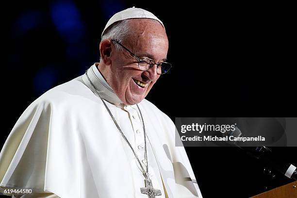 Pope Francis gives a speech during the 'Together in Hope' event at Malmo Arena on October 31, 2016 in Malmo, Sweden. The Pope is on 2 days visit...