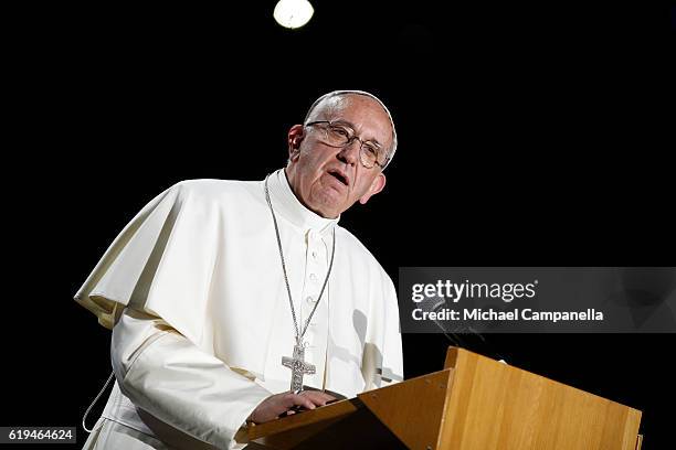 Pope Francis gives a speech during the 'Together in Hope' event at Malmo Arena on October 31, 2016 in Malmo, Sweden. The Pope is on 2 days visit...