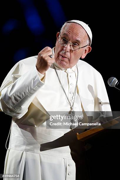 Pope Francis gives a speech during the 'Together in Hope' event at Malmo Arena on October 31, 2016 in Malmo, Sweden. The Pope is on 2 days visit...