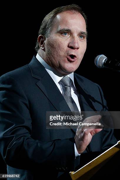 Swedish Prime Minister Stefan Lofven gives a speech during the 'Together in Hope' event at Malmo Arena on October 31, 2016 in Malmo, Sweden. The Pope...