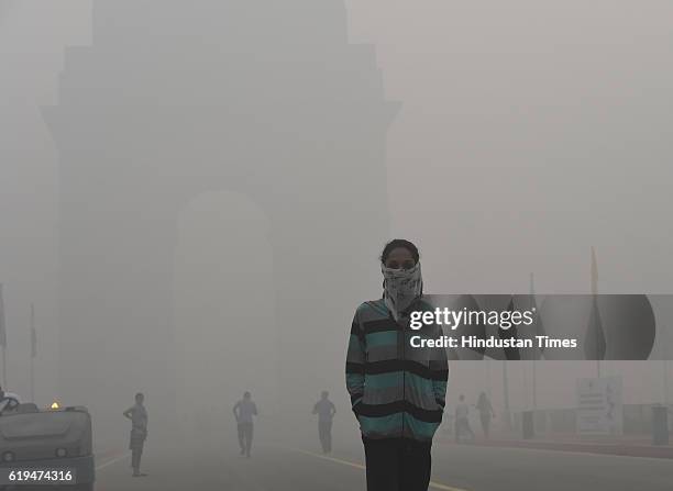 Pollution in front of India Gate after Diwali celebration on October 31, 2016 in New Delhi, India. Data from the central pollution monitoring agency...