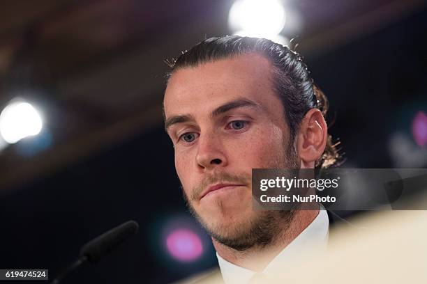 Gareth Bale of Real Madrid holds a press conference at the Santiago Bernabeu stadium after extending his contract with Real until 2022 on October 31,...