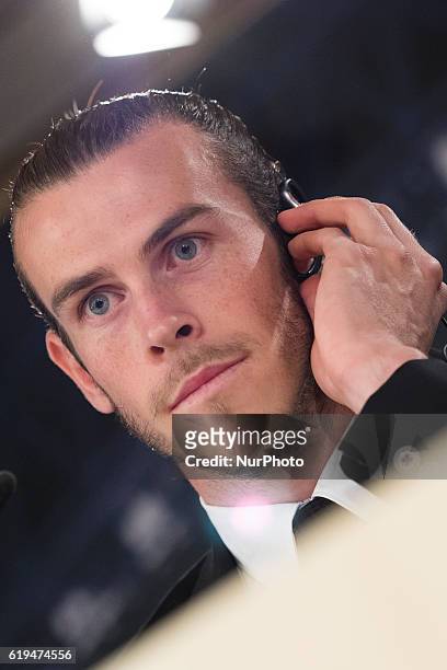 Gareth Bale of Real Madrid holds a press conference at the Santiago Bernabeu stadium after extending his contract with Real until 2022 on October 31,...