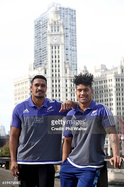 Jerome Kaino and Ardie Savea of the New Zealand All Blacks pose outside following a press conference at the Hyatt Regency Hotel on October 31, 2016...