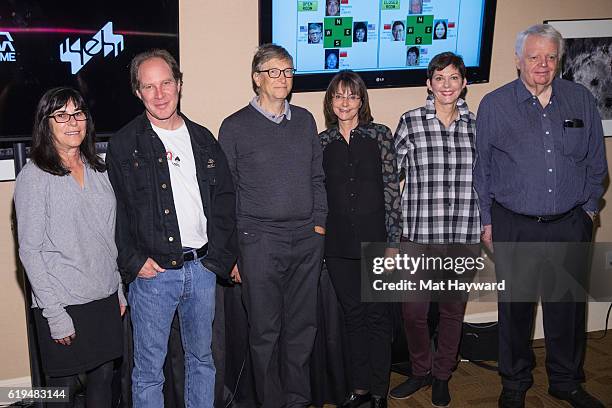 Bridge Players Sheri Winestock, Fred Gitelman, Bill Gates, Sharon Osberg, Jill Meyers and Bob Hamman pose for a photo before playing the first live...