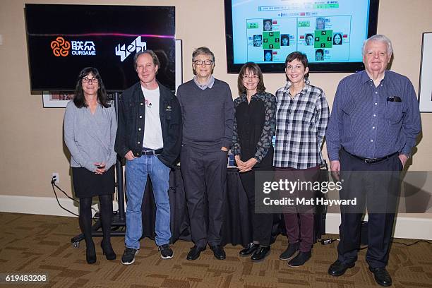 Bridge Players Sheri Winestock, Fred Gitelman, Bill Gates, Sharon Osberg, Jill Meyers and Bob Hamman pose for a photo before playing the first live...