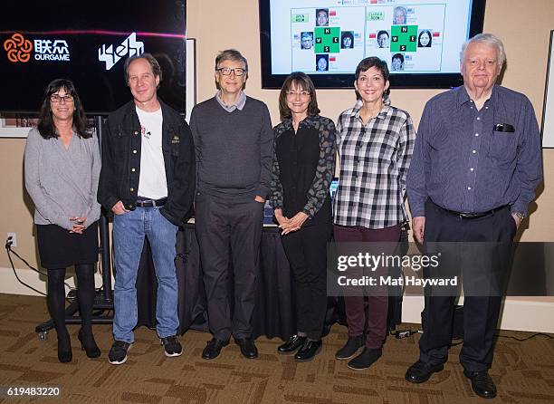 Bridge Players Sheri Winestock, Fred Gitelman, Bill Gates, Sharon Osberg, Jill Meyers and Bob Hamman pose for a photo before playing the first live...