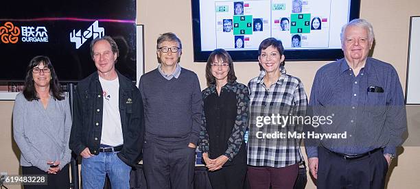 Bridge Players Sheri Winestock, Fred Gitelman, Bill Gates, Sharon Osberg, Jill Meyers and Bob Hamman pose for a photo before playing the first live...