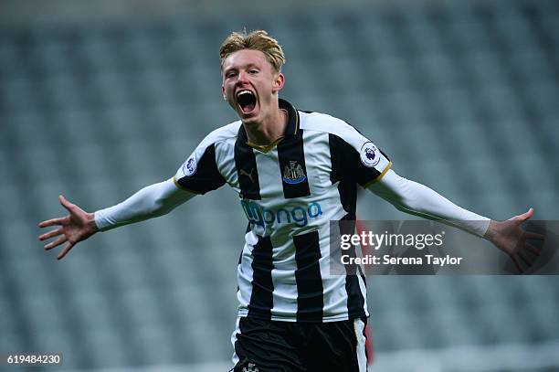 Sean Longstaff of Newcastle celebrates after scoring the opening goal during the Premier League 2 Match between Newcastle United and Middlesbrough at...