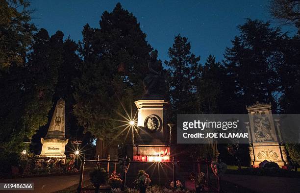 Candles and flowers decorate a graves of famous German composers Ludwig van Beethoven , memorial of Wolfgang Amadeus Mozart and grave of Franz...