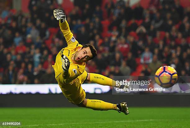 Lukasz Fabianski of Swansea City dives for the ball as a shot by Charlie Adam of Stoke City hits the post during the Premier League match between...