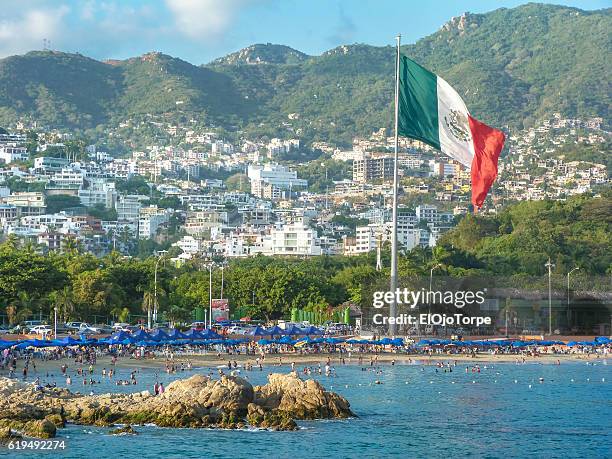 view of beach in acapulco, mexico - acapulco shore bildbanksfoton och bilder