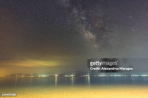 the milky way over the gulf of corinth in greece - alexandros maragos stock pictures, royalty-free photos & images