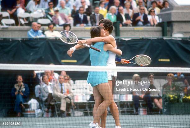 Tennis players Martina Navratilova of Czechoslovakia and Betty Stove of the Netherlands celebrates after winning the Women's Doubles Championship at...