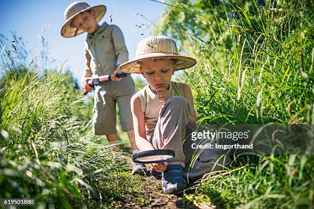 little safari boys exploring the dangerous bushes - spy hunter stock pictures, royalty-free photos & images