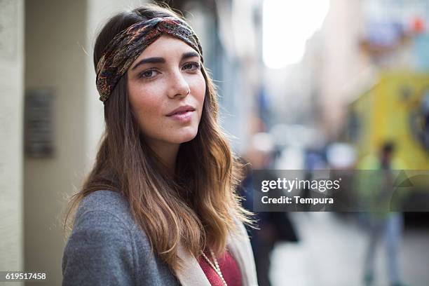 beautiful woman street portrait in barcelona. - headband stock pictures, royalty-free photos & images