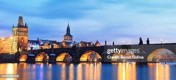 charles bridge panoramic - vltava river stockfoto's en -beelden