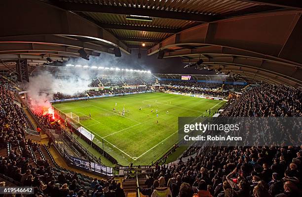 General view of Gamla Ullevi and fans of IF Elfsborg burning bengals during the Allsvenskan match between IFK Goteborg and IF Elfsborg at Gamla...