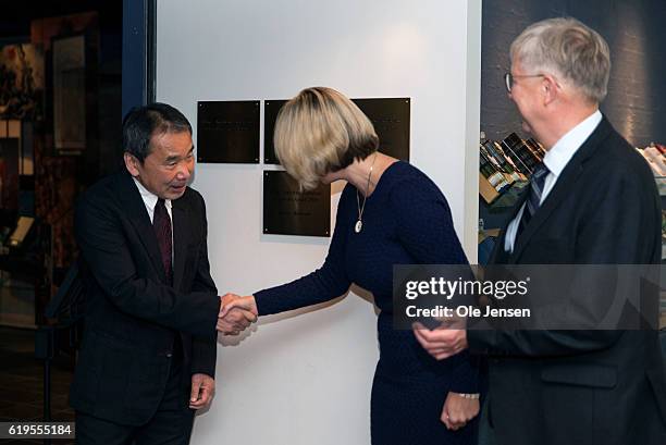 Japanese author Haruki Murakami expresses his gratitude for a memorial plaque with his name at he museum Hans Christian Anderson House on October 30,...