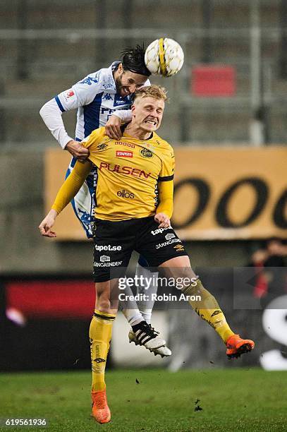 Per Frick of IF Elfsborg and Mattias Bjarsmyr of IFK Goteborg going up for a header during the Allsvenskan match between IFK Goteborg and IF Elfsborg...