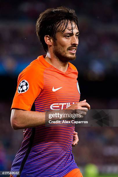 David Silva of Manchester City FC looks on during the UEFA Champions League group C match between FC Barcelona and Manchester City FC at Camp Nou on...