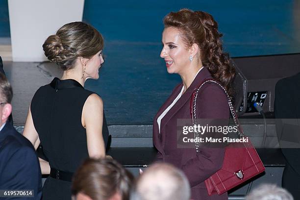 Queen Letizia of Spain and Wife of King Mohammed VI of Morocco, Princess Lalla Salma attend the World Cancer Congress at Palais des Congres on...