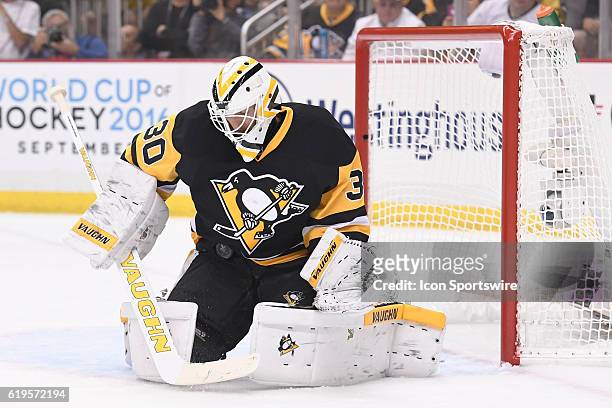 Pittsburgh Penguins goalie Matt Murray makes a save during the first period of Game Seven in the 2016 NHL Stanley Cup Playoffs Eastern Conference...