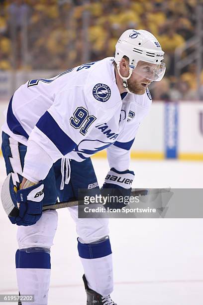Tampa Bay Lightning center Steven Stamkos waits to take a face-off draw during the first period of Game Seven in the 2016 NHL Stanley Cup Playoffs...