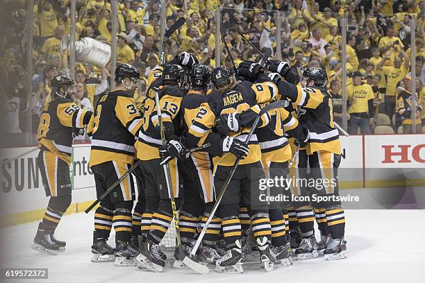 Pittsburgh Penguins celebrate after a 2-1 win against the Tampa Bay Lightning in the Eastern Conference Finals of the 2016 NHL Stanley Cup Playoffs...
