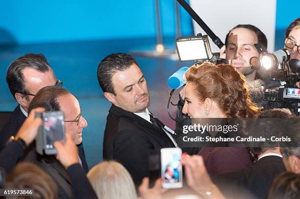 French President Francois Hollande and Princess Lalla Salma of Morocco attend the 2016 World Cancer Congress at Palais des Congres on October 31,...