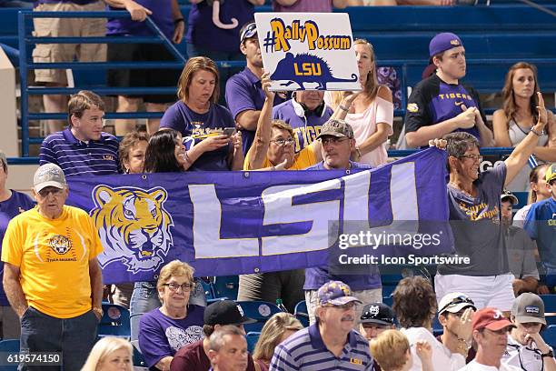 Fan signs during the LSU Tigers versus the Florida Gators Second Round game of the SEC Baseball Tournament at Hoover Metropolitan Stadium, Hoover,...